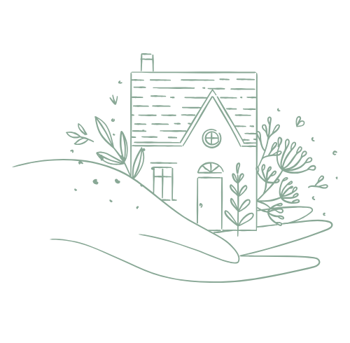 Hand/Home Logo A hand holding a home with flowers growing around it.