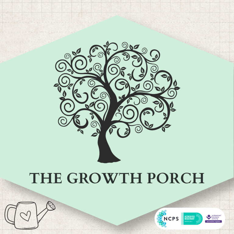 The Growth Porch A tree with swirls and leaves in black outline
