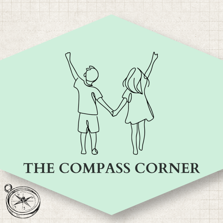 The Compass Corner Two younger children drawn with a black outline style. They are holding hands and have the other in the air as if to 'celebrate'